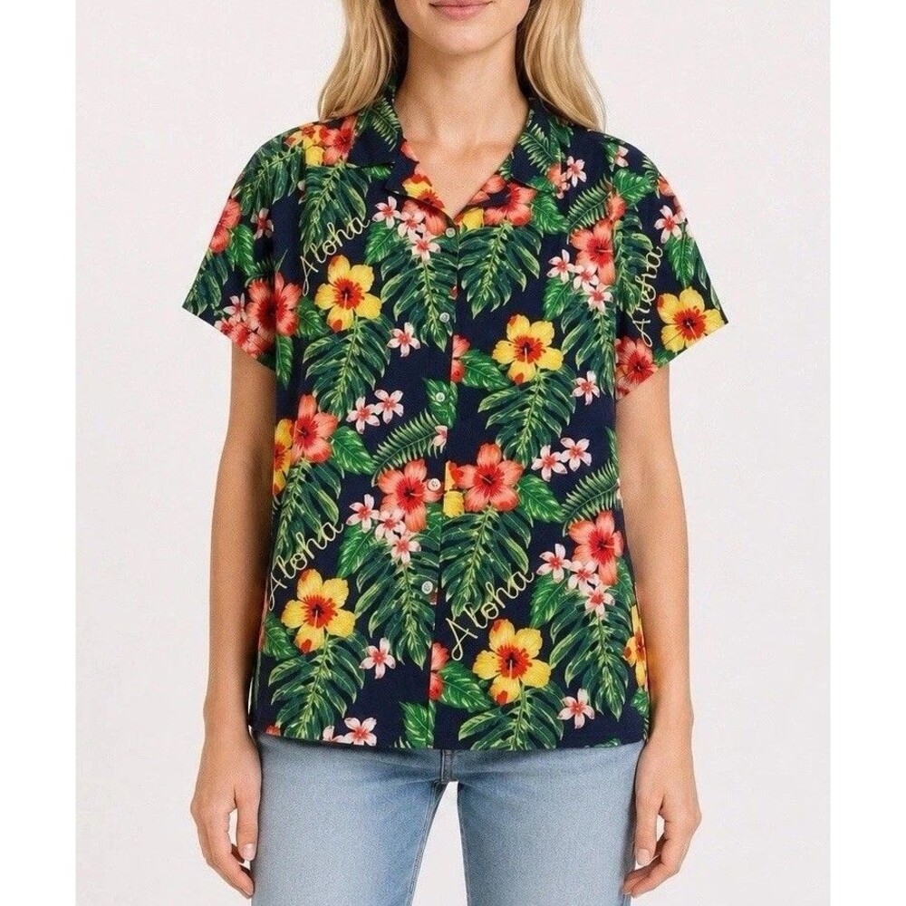 Hawaiian Tropical Shirt Hibiscus Floral Navy Background Women's Large Lightweigh
